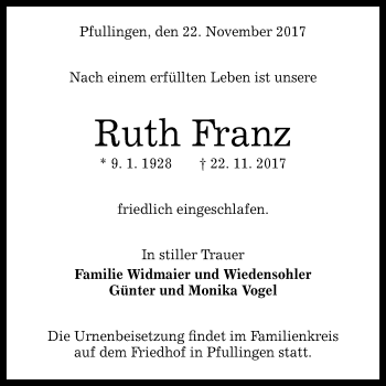 Anzeige von Ruth Franz von Reutlinger General-Anzeiger