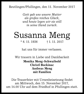 Anzeige von Susanna Meng von Reutlinger General-Anzeiger