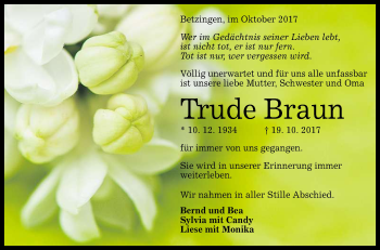 Anzeige von Trude Braun von Reutlinger General-Anzeiger