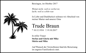 Anzeige von Trude Braun von Reutlinger General-Anzeiger