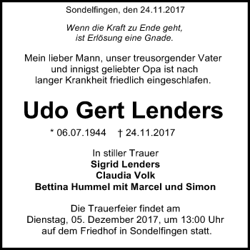 Anzeige von Udo Lenders von Reutlinger General-Anzeiger