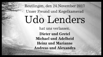 Anzeige von Udo Lenders von Reutlinger General-Anzeiger