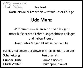 Anzeige von Udo Munz von Reutlinger General-Anzeiger