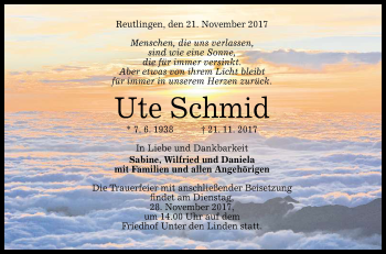 Anzeige von Ute Schmid von Reutlinger General-Anzeiger