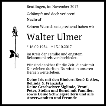 Anzeige von Walter Ulmer von Reutlinger General-Anzeiger