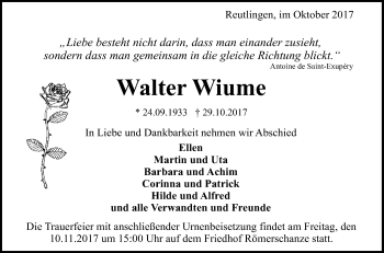 Anzeige von Walter Wiume von Reutlinger General-Anzeiger