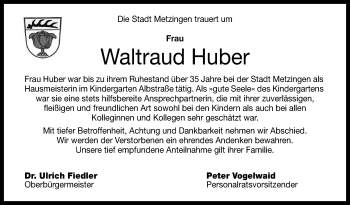 Anzeige von Waltraud Huber von Reutlinger General-Anzeiger