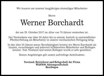 Anzeige von Werner Borchardt von Reutlinger General-Anzeiger