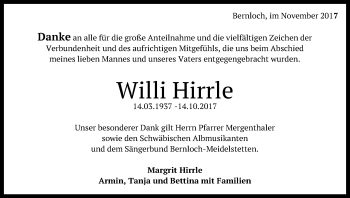 Anzeige von Willi Hirrle von Reutlinger General-Anzeiger