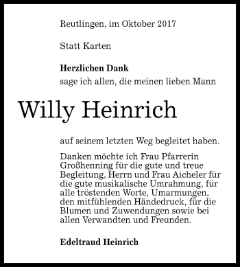 Anzeige von Willy Heinrich von Reutlinger General-Anzeiger