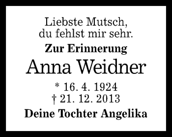 Anzeige von Anna Weidner von Reutlinger General-Anzeiger