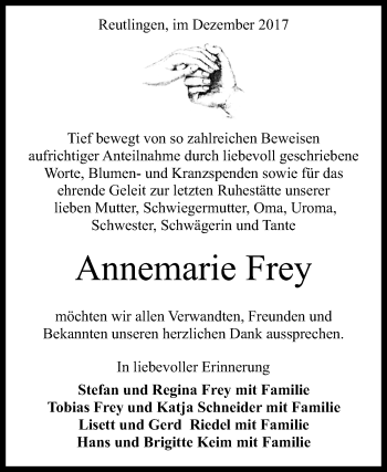 Anzeige von Annemarie Frey von Reutlinger General-Anzeiger