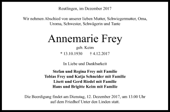 Anzeige von Annemarie Frey von Reutlinger General-Anzeiger