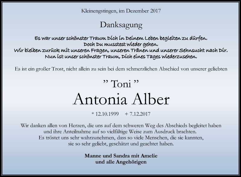  Traueranzeige für Antonia Alber vom 30.12.2017 aus Reutlinger General-Anzeiger