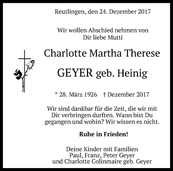 Anzeige von Charlotte Martha Therese Geyer von Reutlinger General-Anzeiger