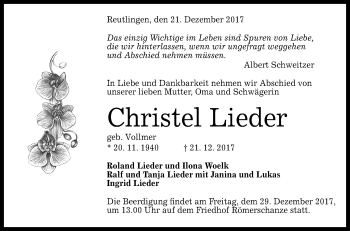 Anzeige von Christel Lieder von Reutlinger General-Anzeiger