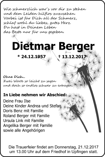 Anzeige von Dietmar Berger von Reutlinger General-Anzeiger