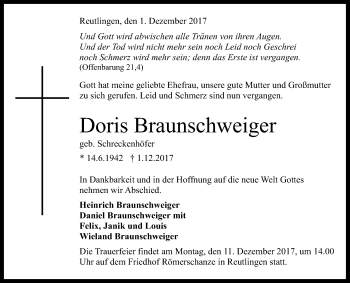 Anzeige von Doris Braunschweiger von Reutlinger General-Anzeiger