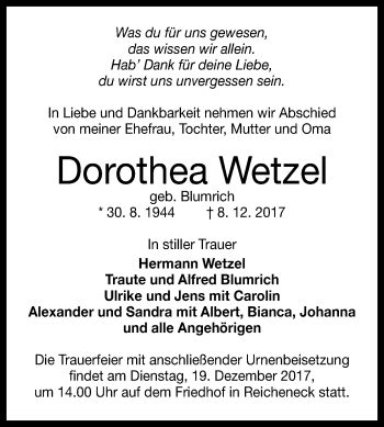 Anzeige von Dorothea Wetzel von Reutlinger General-Anzeiger