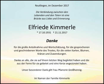 Anzeige von Elfriede Kimmerle von Reutlinger General-Anzeiger