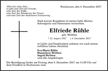 Anzeige von Elfriede Rühle von Reutlinger General-Anzeiger