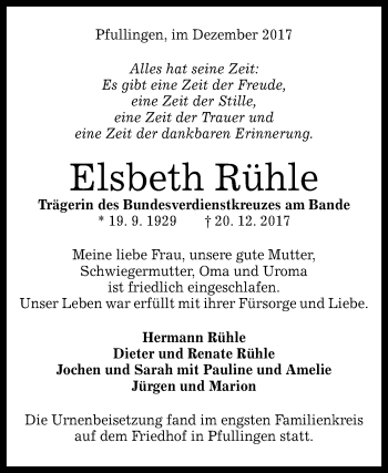 Anzeige von Elsbeth Rühle von Reutlinger General-Anzeiger