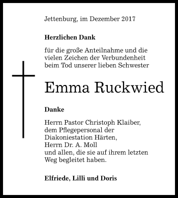 Anzeige von Emma Ruckwied von Reutlinger General-Anzeiger