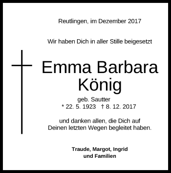 Anzeige von Emma Barbara König von Reutlinger General-Anzeiger