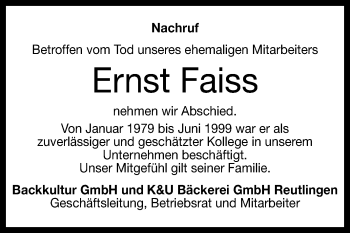 Anzeige von Ernst Faiss von Reutlinger General-Anzeiger
