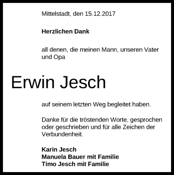 Anzeige von Erwin Jesch von Reutlinger General-Anzeiger