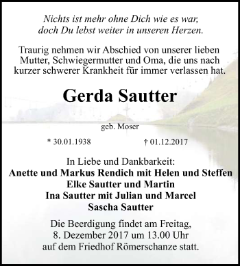 Anzeige von Gerda Sautter von Reutlinger General-Anzeiger