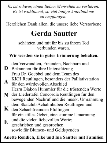 Anzeige von Gerda Sautter von Reutlinger General-Anzeiger