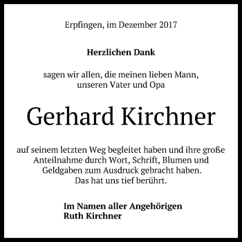 Anzeige von Gerhard Kirchner von Reutlinger General-Anzeiger