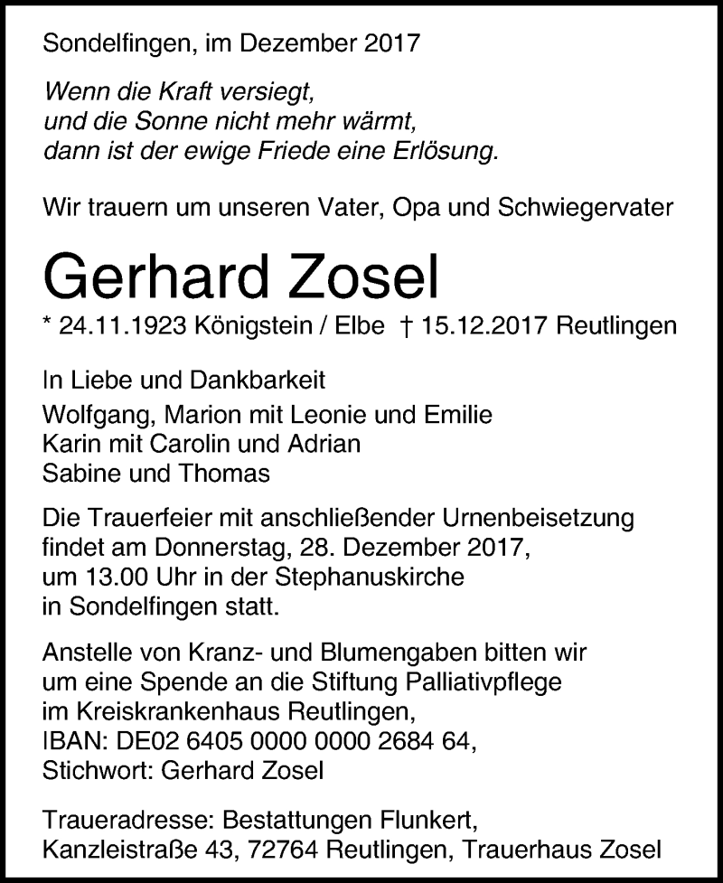  Traueranzeige für Gerhard Zosel vom 20.12.2017 aus Reutlinger General-Anzeiger