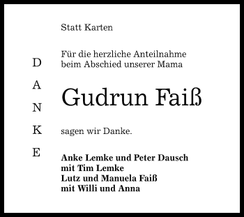 Anzeige von Gudrun Faiß von Reutlinger General-Anzeiger