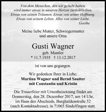 Anzeige von Gusti Wagner von Reutlinger General-Anzeiger