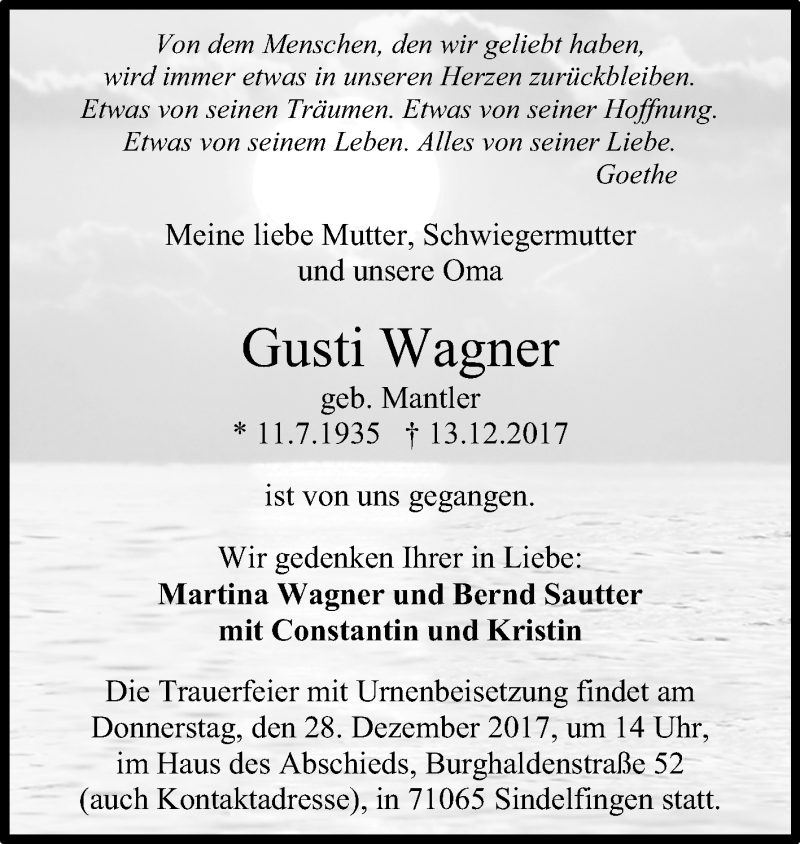  Traueranzeige für Gusti Wagner vom 23.12.2017 aus Reutlinger General-Anzeiger
