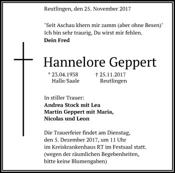 Anzeige von Hannelore Geppert von Reutlinger General-Anzeiger