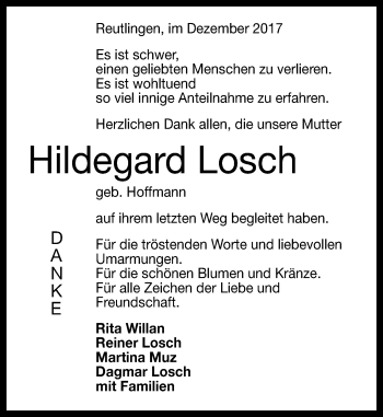 Anzeige von Hildegard Losch von Reutlinger General-Anzeiger