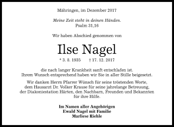 Anzeige von Ilse Nagel von Reutlinger General-Anzeiger