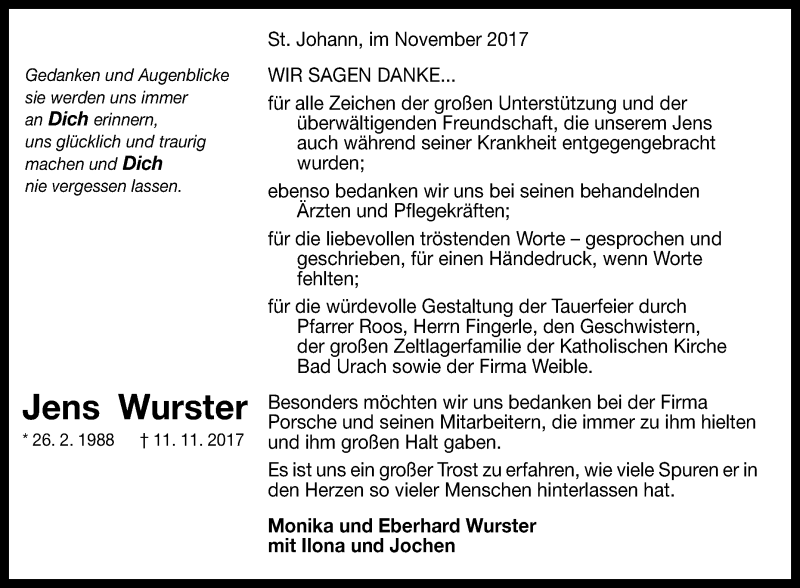  Traueranzeige für Jens Wurster vom 06.12.2017 aus Reutlinger General-Anzeiger