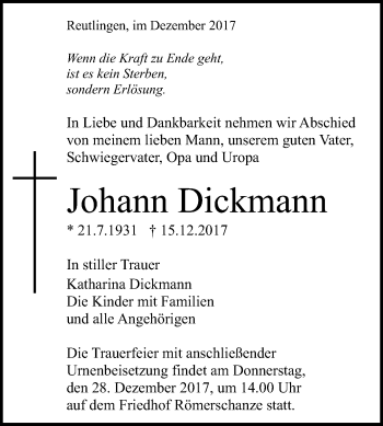 Anzeige von Johann Dickmann von Reutlinger General-Anzeiger