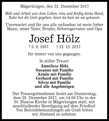 Anzeige von Josef Hölz von Reutlinger General-Anzeiger