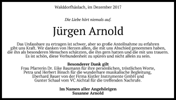 Anzeige von Jürgen Arnold von Reutlinger General-Anzeiger