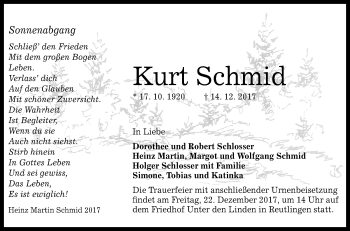 Anzeige von Kurt Schmid von Reutlinger General-Anzeiger