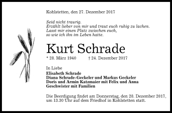 Anzeige von Kurt Schrade von Reutlinger General-Anzeiger