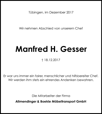 Anzeige von Manfred H. Gesser von Reutlinger General-Anzeiger