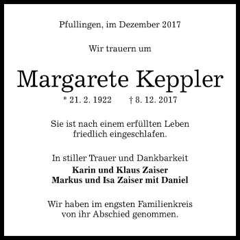 Anzeige von Margarete Keppler von Reutlinger General-Anzeiger