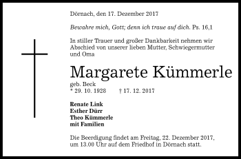 Anzeige von Margarete Kümmerle von Reutlinger General-Anzeiger