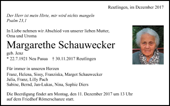 Anzeige von Margarethe Schauwecker von Reutlinger General-Anzeiger